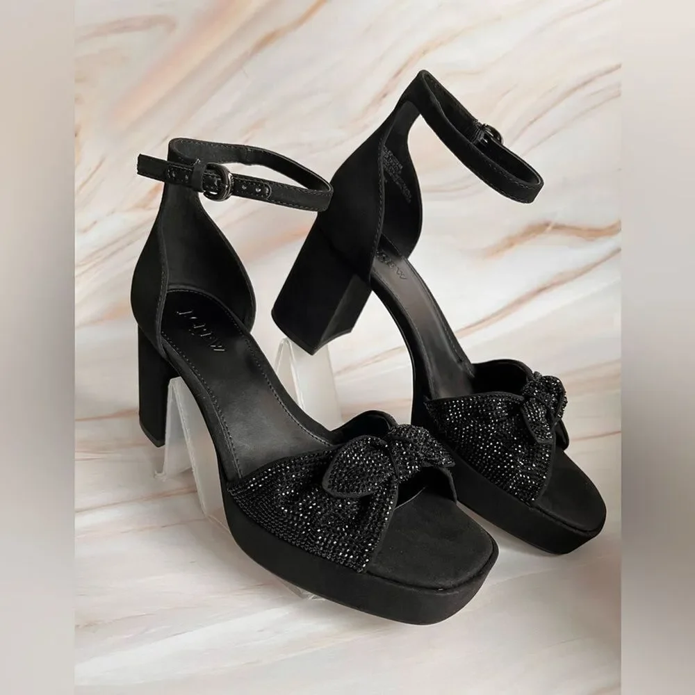 J Crew Women's Rhinestone Bow Sandals Platform Heels Cocktail Evening Black